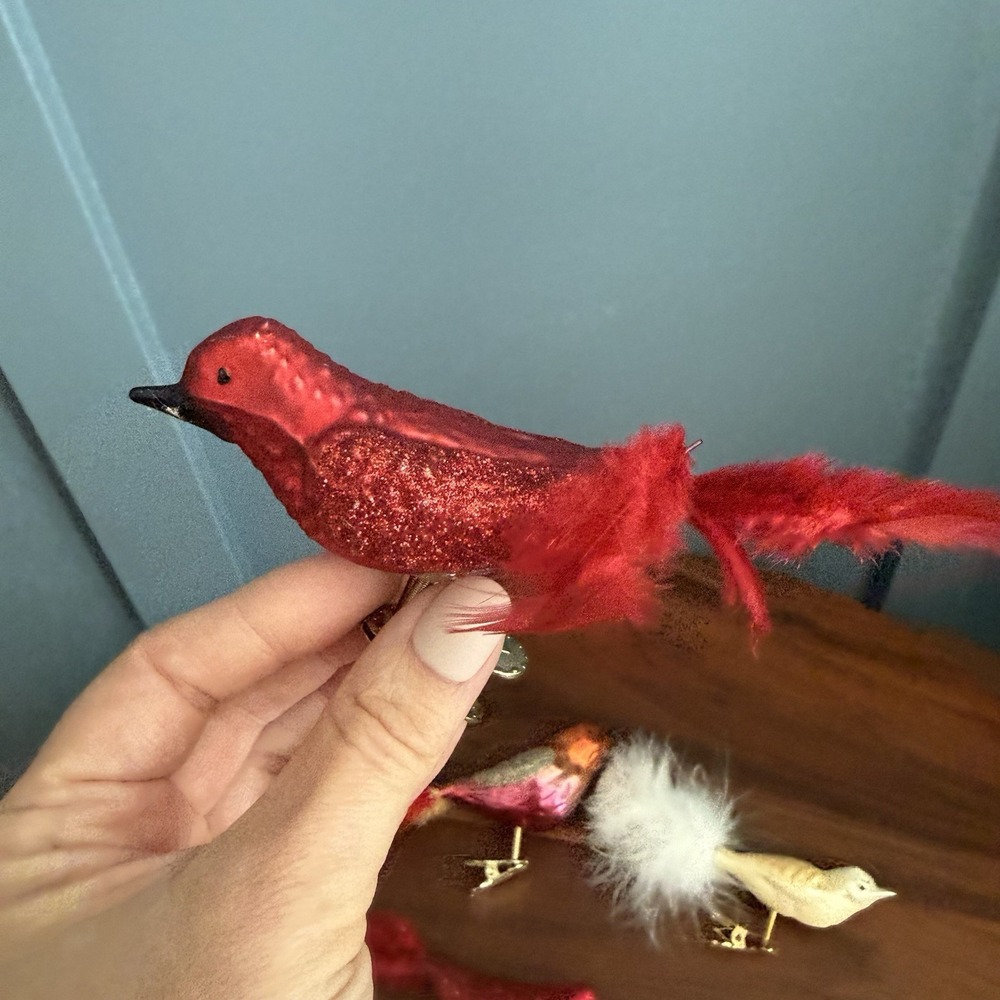 Vintage Glass Clip On Bird Ornaments 4 Cardinal Feather Tail Glitter German F/W - Picture 11 of 11